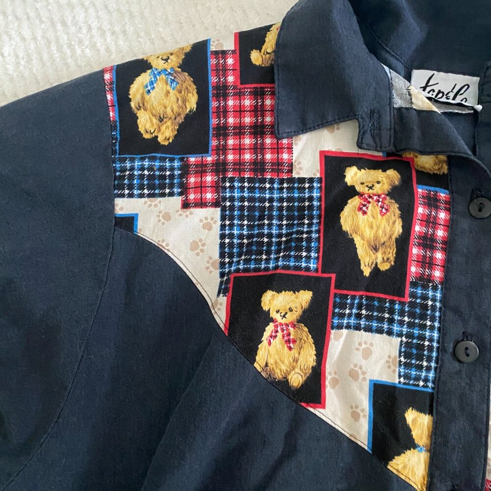 Vintage Teddy Bear Button Up Patchwork Black Silk… - image 3
